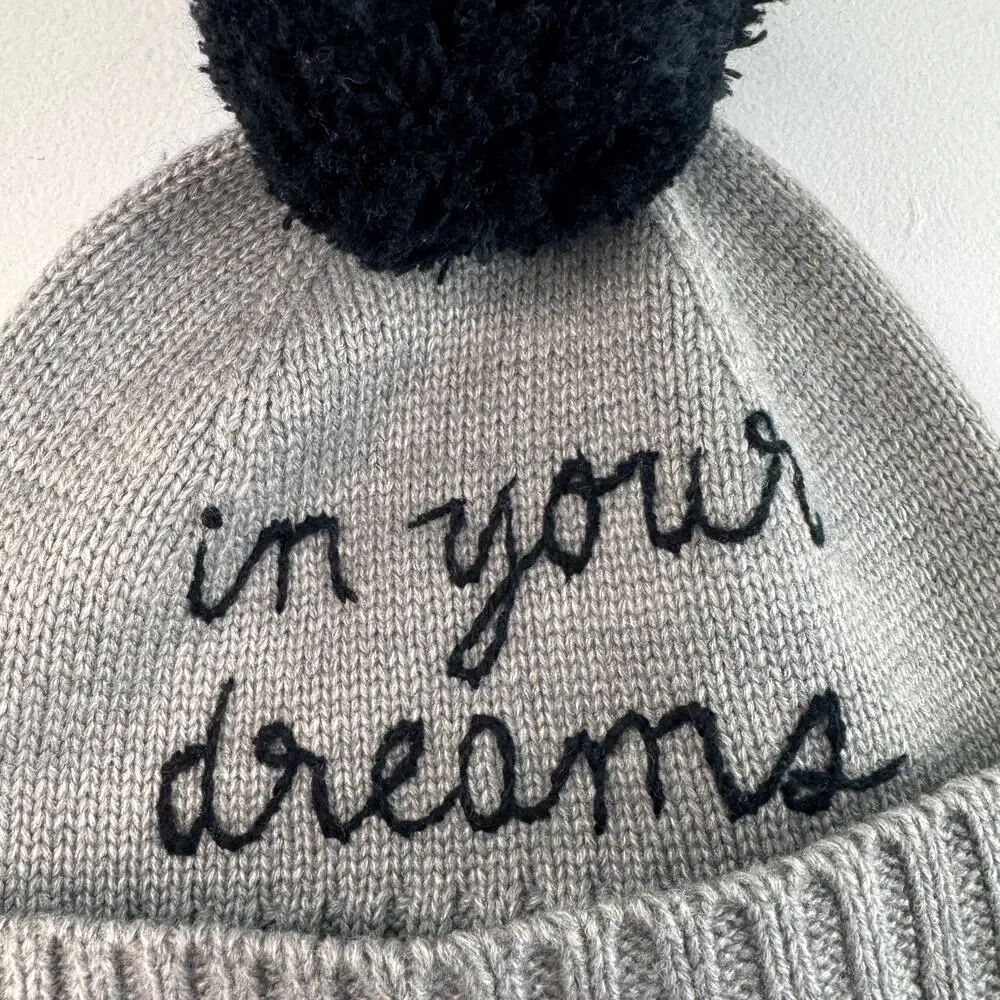 Kate Spade In Your Dreams Gray Black Pom-Pom Beanie Hat Knit Ribbed Cuff OS NEW